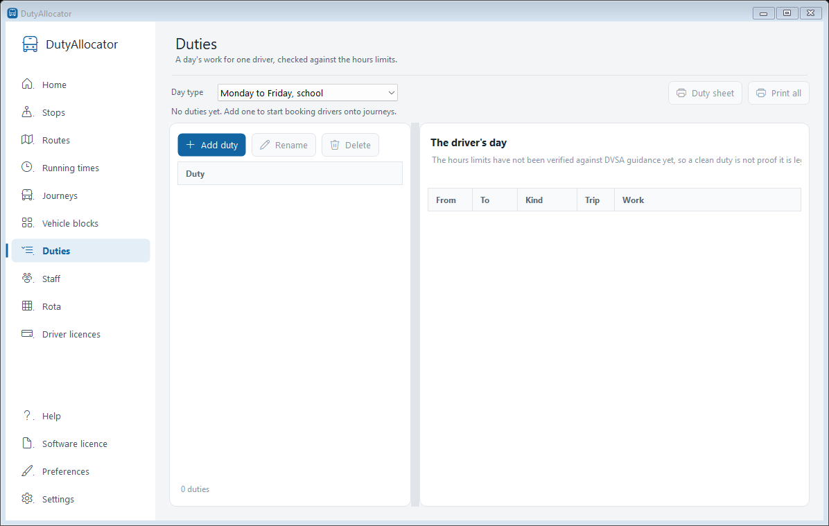 The Duties screen