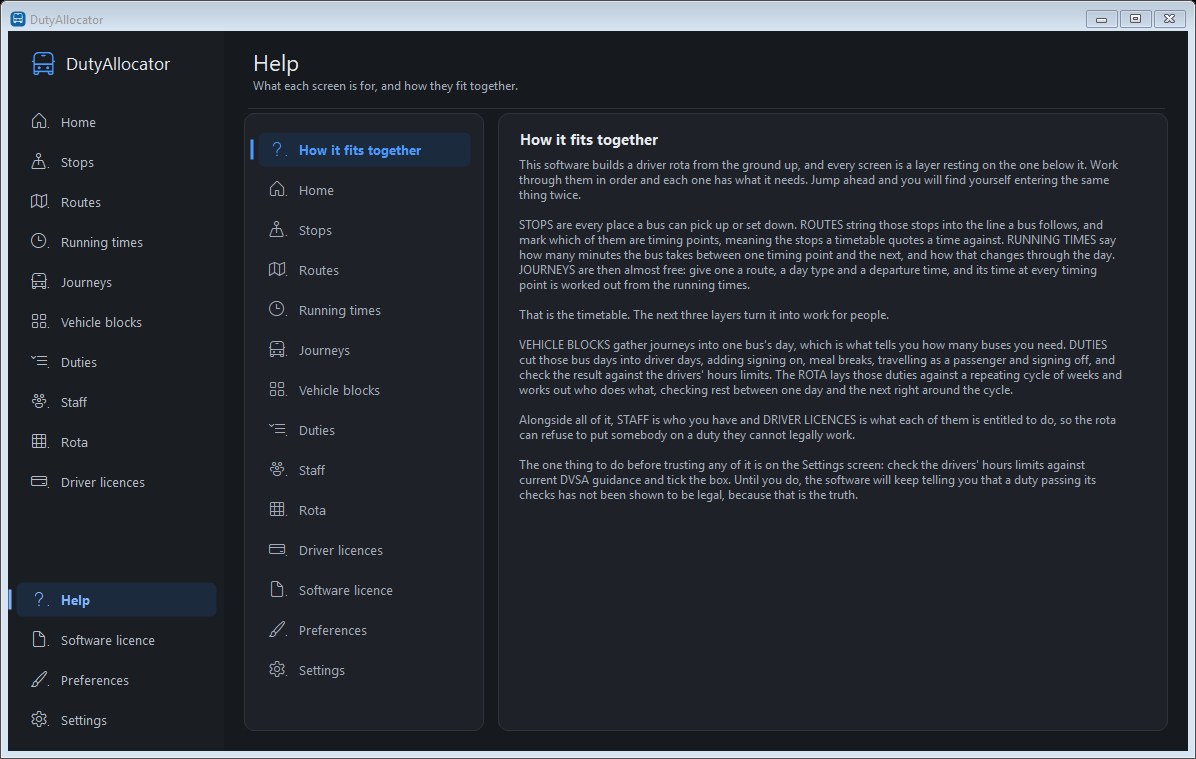 The Help screen in DutyAllocator, dark mode