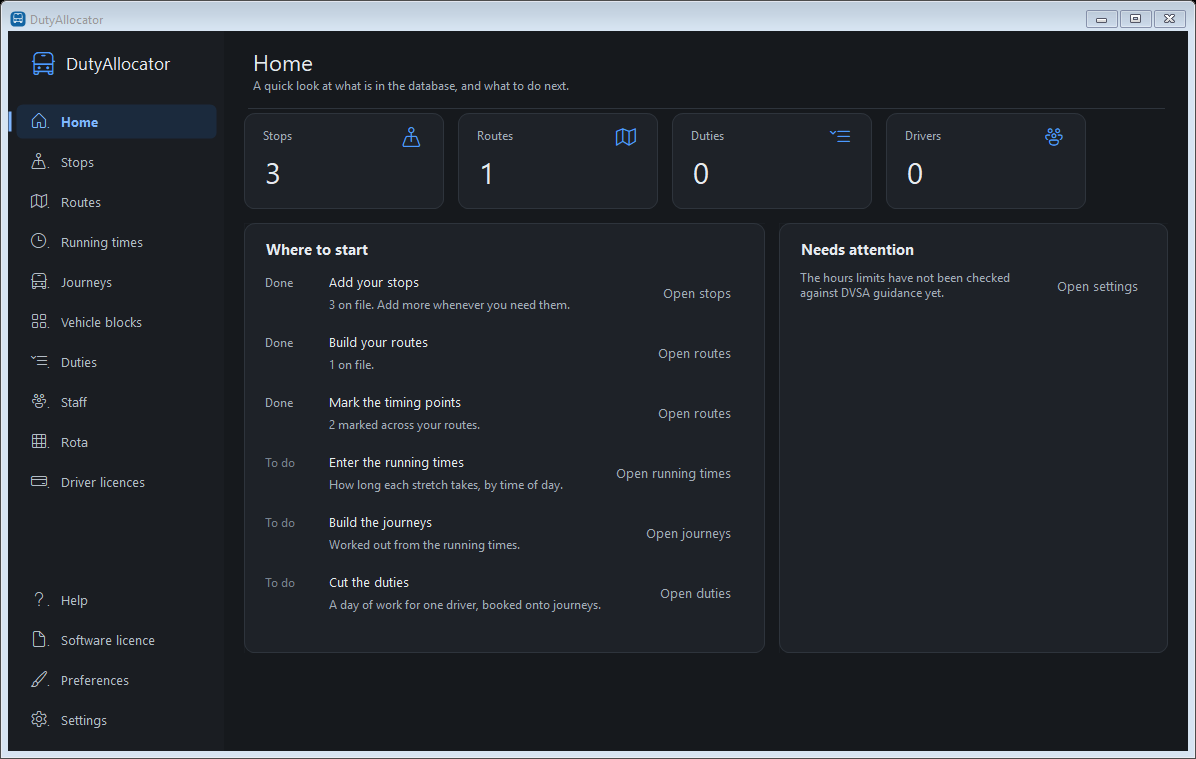 The DutyAllocator home screen in dark mode