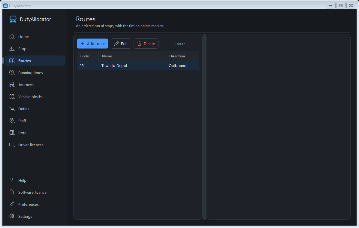 The Routes screen in DutyAllocator, dark mode