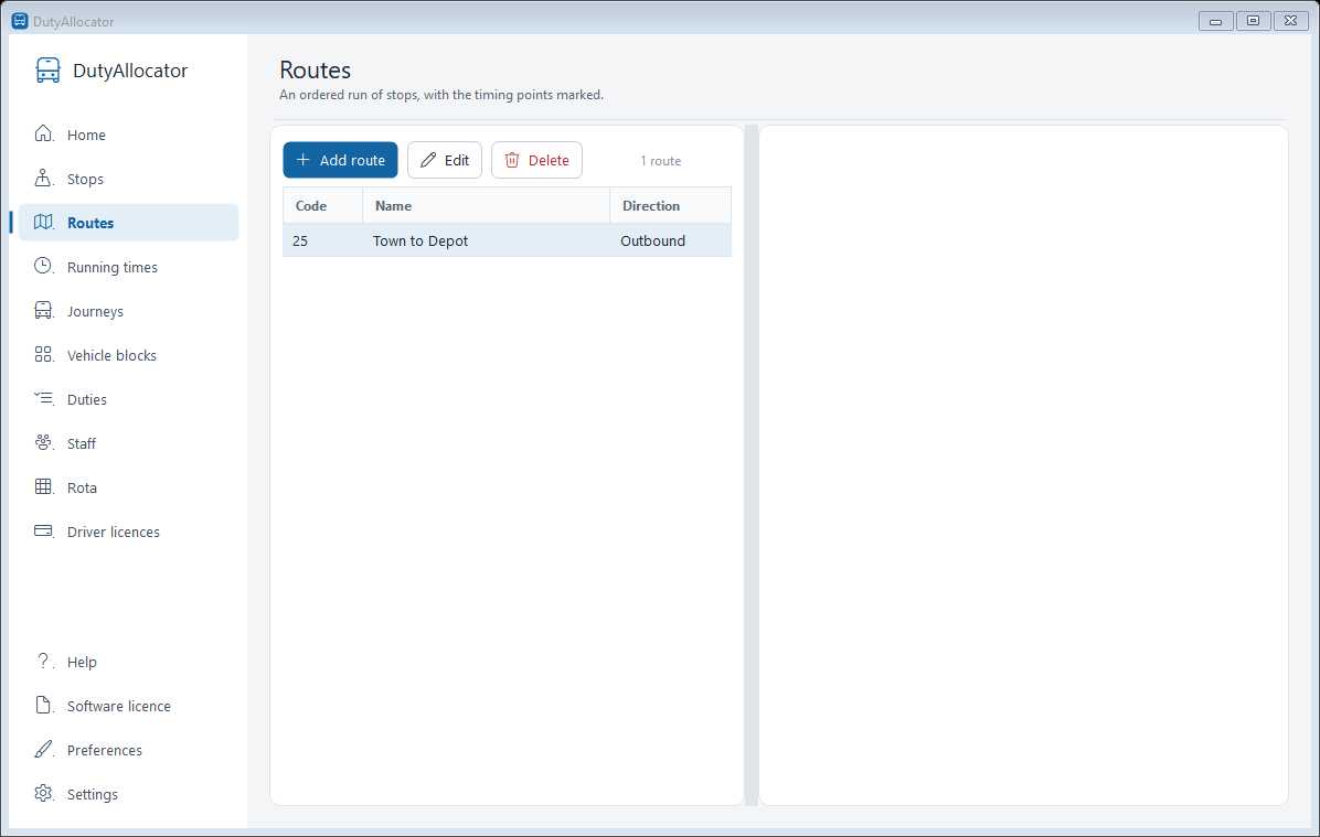 The Routes screen in DutyAllocator