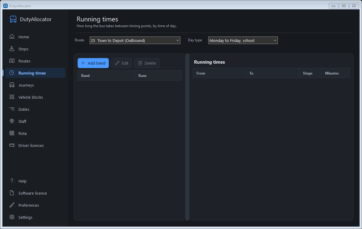 The Running times screen in DutyAllocator, dark mode