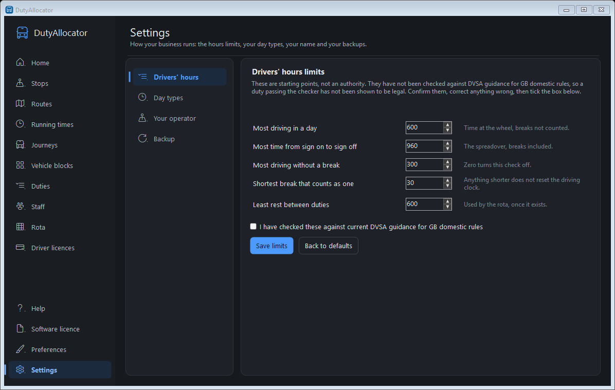 The Settings screen in dark mode