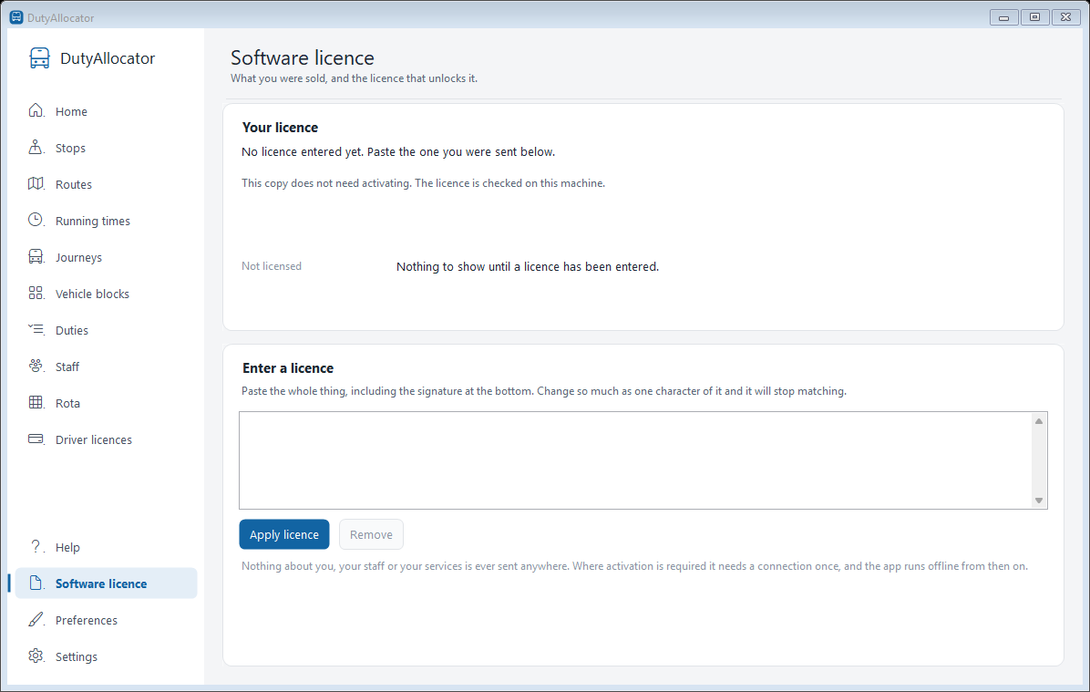 The Software licence screen in DutyAllocator