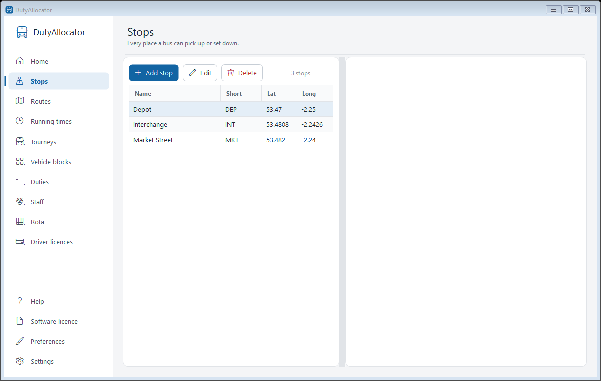 The Stops screen in DutyAllocator